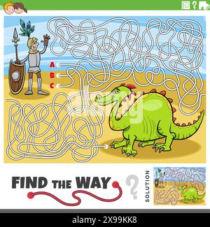 Cartoon-Illustration von Find the Way Labyrinth-Spiel mit Rittern und Drachen-Fantasy-Charakteren Stock Vektor