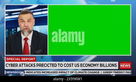 Split Screen TV News Live Report: Anchor Talks, Reporting. Reportage Montage mit Bild in Bild Green Screen. Chroma Key Display nebeneinander. Tv-Programmkanalkonzept Stockfoto