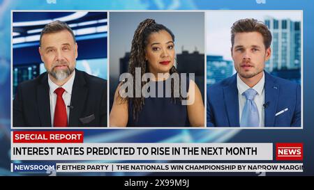 TV Live News Programm Split Screen Reportage Montage. Anchor, Presenter, Gastberichte zu Unternehmen, Wirtschaft, Wissenschaft. Realistischer Tv-Kabelsender. Mockup Broadcast Network Concept Stockfoto