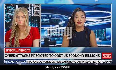 Split Screen: Zwei weibliche Anker sprechen TV Live News. Referenten Diskutieren Über Wirtschaft, Wirtschaft, Politik, Wissenschaft Und Tägliche Veranstaltungen. Abendfernsehprogramm auf Cable Channel Concept Edit Stockfoto