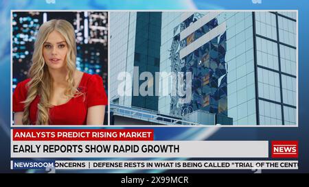 Split Screen TV News Live Report: Anchor Talks. Reportage Montage: Economy, Business, City, Traffic, Green Solution, Immobilienentwicklung. Tv-Programmkanalkonzept Stockfoto