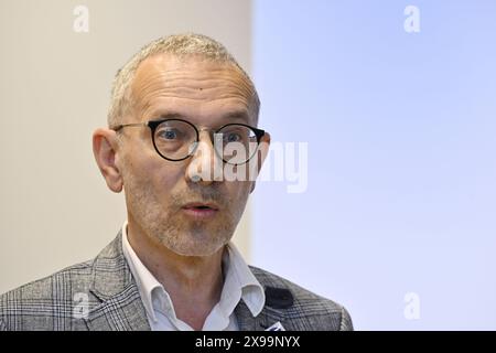 Brüssel, Belgien 30. Mai 2024. Koen Gregoir von NCK-CNC wurde auf einer Pressekonferenz mit den vorläufigen Ergebnissen der jüngsten Sozialwahlen in Belgien am Donnerstag, den 30. Mai 2024 in Brüssel vorgestellt. BELGA PHOTO ERIC LALMAND Credit: Belga News Agency/Alamy Live News Stockfoto