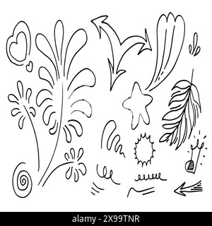 Handgezeichnete Set-Elemente, schwarz auf weißem Hintergrund. Pfeil, Blatt, Stern, Herz, Licht, king, Betonung, Wirbel, für Konzeptdesign. Stock Vektor