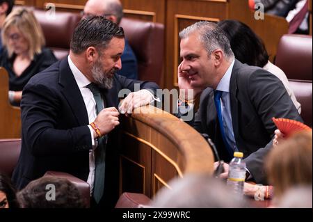 Spanische Politik 2024: Amnestiegesetz für Katalonien Debatte auf dem Abgeordnetenkongress Santiago Abascal L, Vorsitzender der rechtsextremen Partei Vox, in der letzten Debatte über die Genehmigung des Amnestiegesetzes für Katalonien auf dem Abgeordnetenkongress in Madrid mit seinem Kollegen Javier Ortega Smith R wurde das Organgesetz der Amnestie für die Normalisierung in Katalonien aus den Vereinbarungen hervorgegangen, die die PSOE mit ERC und Junts im Austausch geschlossen hat für die Unabhängigkeitsparteien Unterstützung für Premierminister Pedro Sanchez Investiture Madrid Abgeordnetenkongress Madrid Spanien Copyright: xAlbertoxGardinx AGardin 20240530 Politic Stockfoto