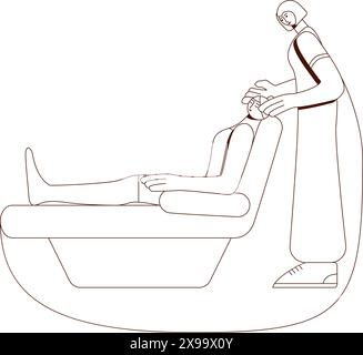Gesichtsmassagen. Behandlungen durch professionelle Therapeutin im Spa. SPA-Design-Konzept. Konturzeichnung. Isolierte Vektordarstellung. Stock Vektor