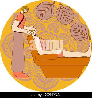 Gesichtsmassagen. Behandlungen durch professionelle Therapeutin im Spa. SPA-Design-Konzept. Isolierte Darstellung des flachen Vektors in Kreisform. Stock Vektor