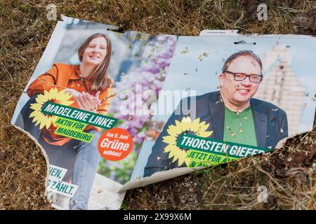 Magdeburg, Deutschland - 18. Mai 2024, politische Werbetafeln mit verschiedenen Parteikandidaten Europawahlen 9. Juni 2024 auf deutschen Straßen. EU Stockfoto