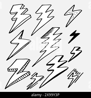 Satz von handgezeichneten Vektorkritzeleien elektrische Blitzsymbol-Skizzen-Illustrationen. donner Symbol Kritzelsymbol. Stock Vektor