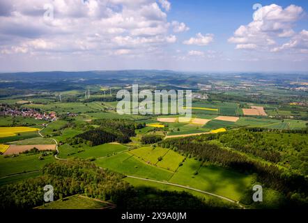 Luftbild, NSG Naturschutzgebiet Hinnenburger Forst mit Emder Bachtal, sanften Hügellandschaft mit Wiesen und Feldern, Kuhstall Haus auf einer Wiese mit Boot auf und im Haus als Kunstwerk vom Künstler Ilan Averbuch, Fernsicht mit blauem Himmel und Wolken, Erwitzen, Nieheim, Ostwestfalen, Nordrhein-Westfalen, Deutschland ACHTUNGxMINDESTHONORARx60xEURO *** Luftansicht, NSG Naturpark Hinnenburger Forst mit Emder Bachtal, sanfte Hügellandschaft mit Wiesen und Feldern, Kuhhaus auf einer Wiese mit Boot auf und im Haus als Kunstwerk des Künstlers Ilan Averbuch, Fernsicht mit Blau Stockfoto