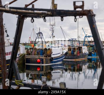 29. Mai 2024. Burghead Harbour, Moray, Schottland. Dies ist ein Blick auf die Fischerboote, die am Pier am Burghead Harbour vor Anker liegen. Stockfoto