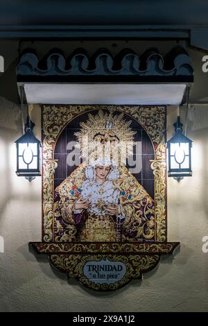 Religiöse Ikone Fliesen der Jungfrau Maria, Malaga, Andalusien, Spanien Stockfoto