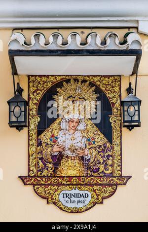 Religiöse Ikone Fliesen der Jungfrau Maria, Malaga, Andalusien, Spanien Stockfoto