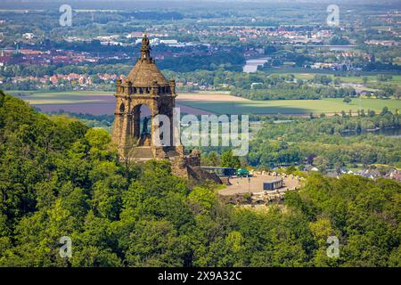 Luftbild, Kaiser-Wilhelm-Denkmal, kulturelles Denkmal, Wiehengebirge, Holzhausen, Porta Westfalica, Ostwestfalen, Nordrhein-Westfalen, Deutschland ACHTUNGxMINDESTHONORARx60xEURO *** Luftaufnahme, Kaiser-Wilhelm-Denkmal, Kulturdenkmal, Wiehengebirge, Holzhausen, Porta Westfalica, Ostwestfalen, Nordrhein-Westfalen, Deutschland ATTENTIONxMINDESTHONORARx60xEURO Stockfoto