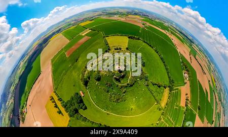 Luftbild, Burg Desenberg auf einem Vulkankegel, historische Sehenswürdigkeit, Ruine einer Höhenburg in der Warburger Börde, Erdkugel, Fisheye Aufnahme, Fischaugen Aufnahme, 360 Grad Aufnahme, winzige Welt, kleiner Planet, Fisheye Bild, Daseburg, Warburg, Ostwestfalen, Nordrhein-Westfalen, Deutschland ACHTUNGxMINDESTHONORARx60xEURO *** Luftansicht, Schloss Desenberg auf einem Vulkankegel, historisches Anblick, Ruine einer Burg auf einem Hügel in der Warburg Börde, Globus, Fischaugenbild, Fischaugenbild, 360-Grad-Bild, winzige Welt, kleiner Planet, Fischaugenbild, Daseburg, Warburg, Ostwestfalen, Nordrhein-Westp Stockfoto