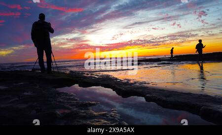 Südkaliforniens Küstenszenen mit Wellen und Stränden, Sonnenuntergängen und Silhouetten, Gezeitenbecken, Surfern, Palmen und abstrakten Bildern. Stockfoto