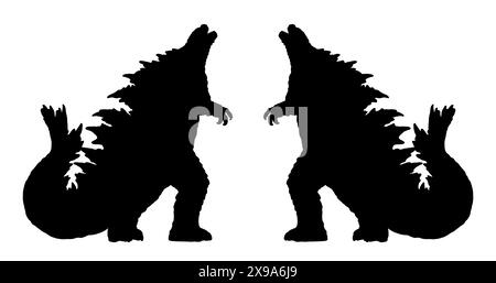 Schwarze Silhouette eines riesigen Dinosaurier-ähnlichen Monsters. Kaiju-Konturzeichnung. Stockfoto