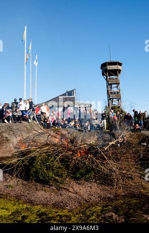 VAPPU, VALBORG, WALPURGISNACHT, Åland: Am 30. April feiert Ålanders im Ostseereichel ein traditionelles saisonales Festival namens Valborg auf Schwedisch (auch bekannt als Vappu auf Finnisch und Walpurgisnacht auf Englisch) in Uffe på Berget, Åland, Ostsee, Finnland. Die Menschen tragen ihre Abschlussmütze, singen alte Lieder und bauen Lagerfeuer in Finnland und allen nordischen und skandinavischen Ländern, um sich vom Winter zu verabschieden und im Frühling willkommen zu heißen. Stockfoto