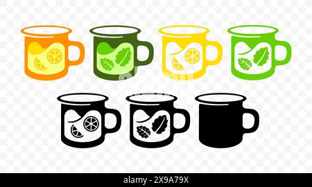 Becher, Tasse mit Obst, Minze und Kräutertee, grafisches Design. Essen, Essen, Zitrusfrüchte, Getränke und Trinken, Vektordesign und Illustration Stock Vektor
