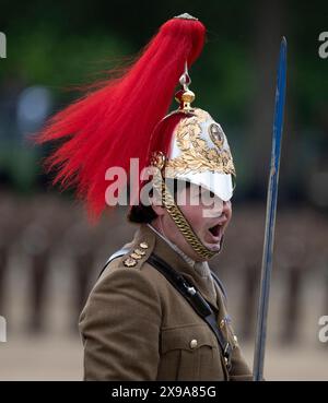 Horse Guards Parade, London, Großbritannien. 30. Mai 2024. Der Brigade Major’s Review of the Trooping of the Colour for the King’s Birthday Parade findet in Horse Guards statt. Diese „Khaki-Probe“ ist die letzte Inspektion der Truppen und Pferde, die am 15. Juni die offizielle Geburtstagsparade des Königs überbringen werden, und ist die erste Gelegenheit, die Parade in ihrer Gesamtheit zu sehen. Der Chefinspektor des Tages ist der Mann, der das diesjährige Spektakel entworfen hat, der Brigade-Major der Haushaltsabteilung, Oberstleutnant James Shaw. Quelle: Malcolm Park/Alamy Live News Stockfoto