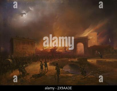 Geschichte Italiens. Fünf Tage Mailand. Aufstand der Mailänder Bürger gegen die österreichische Besatzung. Es fand zwischen dem 18. Und 22. März 1848 statt: „Der Rückzug der Österreicher durch die Porta Tosa in der Nacht vom 22. März“ von Carlo Bossoli (1815–1884). Tempera auf Papier, 1848. Museum des Risorgimento. Mailand. Italien. Autor: Carlo Bossoli (1815-1884). Italienischer Maler. Stockfoto