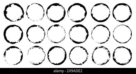 Schmutzige Drucke für dein Design. Sammlung von schwarzen Vektormarken von Tassen und Gläsern isoliert auf weißem Hintergrund. Pinselstriche, Flecken, Tropfen Stock Vektor