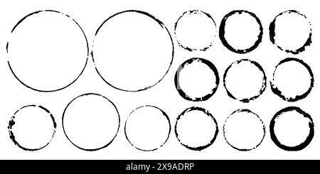 Schmutzige Drucke für dein Design. Sammlung von schwarzen Vektormarken von Tassen und Gläsern isoliert auf weißem Hintergrund. Pinselstriche, Flecken, Tropfen Stock Vektor