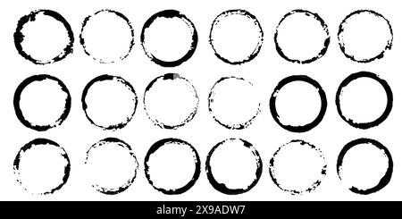 Schmutzige Drucke für dein Design. Sammlung von schwarzen Vektormarken von Tassen und Gläsern isoliert auf weißem Hintergrund. Pinselstriche, Flecken Stock Vektor