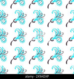 Blaue Blumen. Nahtloses Muster. Kinderzeichnungen mit Wachsmalstiften. Druck für Stoffdesign, Textil, Stoff, Tapeten, Geschenkpapier Stock Vektor