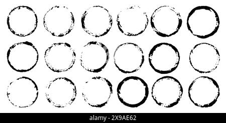 Schmutzige Drucke für dein Design. Sammlung von schwarzen Vektormarken von Tassen und Gläsern isoliert auf weißem Hintergrund. Pinselstriche, Flecken, Tropfen Stock Vektor