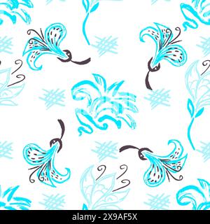 Nahtloses Muster. Blaue Blumen. Kinderzeichnungen mit Wachsmalstiften. Druck für Stoffdesign, Textil, Stoff, Tapete, Verpackung Stock Vektor