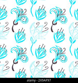 Nahtloses Muster. Blaue Blumen. Kinderzeichnungen mit Wachsmalstiften. Druck für Stoffdesign, Textil, Stoff, Tapeten Stock Vektor