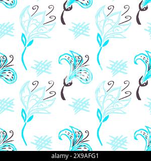 Nahtloses Muster. Blaue Blumen. Kinderzeichnungen mit Wachsmalstiften. Druck für Stoffdesign, Textil, Stoff Stock Vektor
