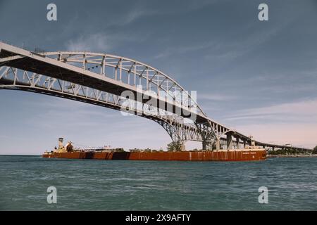 Michigan Trader, ein selbstentladendes Massengutschiff, durchquert die Blue Water Bridge, die den St. Clair River zwischen Port Huron und Sarnia überspannt Stockfoto