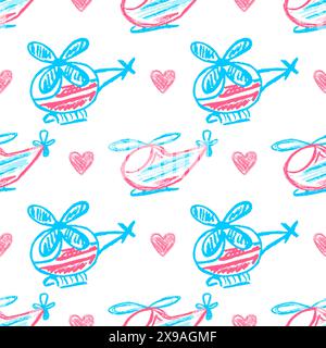 Nahtloses Spielzeugmuster. Hubschrauber. Kinderzeichnungen mit Wachsmalstiften. Druck für Stoffdesign, Textil, Stoff, Tapeten, Geschenkpapier Stock Vektor