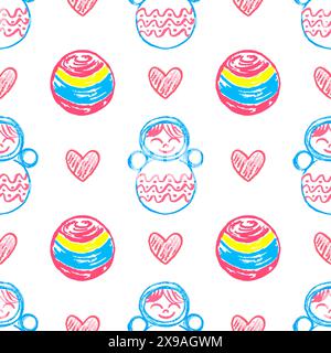 Nahtloses Spielzeugmuster. Becher. Kinderzeichnungen mit Wachsmalstiften. Druck für Stoffdesign, Textil, Stoff, Tapeten, Geschenkpapier Stock Vektor
