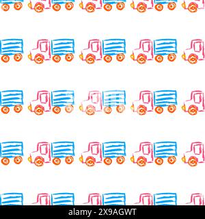 Nahtloses Spielzeugmuster. Autos, Bälle. Kinderzeichnungen mit Wachsmalstiften. Druck für Stoffdesign, Textil, Stoff, Tapeten Stock Vektor
