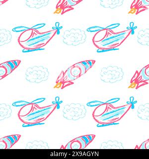 Nahtloses Spielzeugmuster. Hubschrauber. Kinderzeichnungen mit Wachsmalstiften. Druck für Stoffdesign, Textil, Stoff, Tapete, Verpackung Stock Vektor