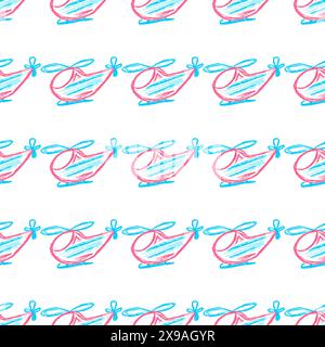 Nahtloses Spielzeugmuster. Hubschrauber. Kinderzeichnungen mit Wachsmalstiften. Für Stoffdesign drucken Stock Vektor