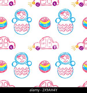 Nahtloses Spielzeugmuster. Becher. Kinderzeichnungen mit Wachsmalstiften. Druck für Stoffdesign, Textil, Stoff, Tapete, Verpackung Stock Vektor