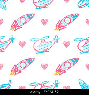 Nahtloses Spielzeugmuster. Hubschrauber. Kinderzeichnungen mit Wachsmalstiften. Drucken Stock Vektor