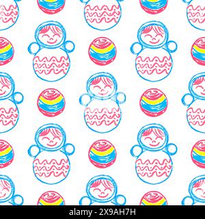 Nahtloses Spielzeugmuster. Becher. Kinderzeichnungen mit Wachsmalstiften. Druck für Stoffdesign, Textil, Stoff, Tapeten Stock Vektor