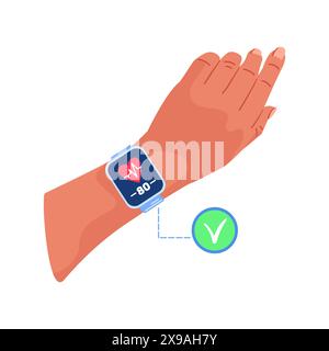 Die Smartwatch misst und zeigt normale Herzfrequenzwerte an. Smartphone-Anwendungen, Herzrhythmus. Kardio-Tagebuch, Blutdruck-Tagebuch. Improvin Stock Vektor
