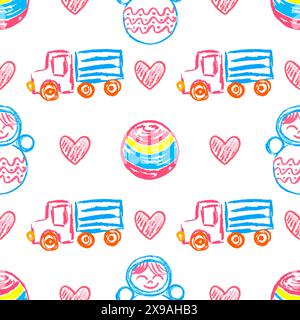 Nahtloses Spielzeugmuster. Autos, Bälle. Kinderzeichnungen mit Wachsmalstiften. Druck für Stoffdesign, Textil, Stoff, Tapeten, Geschenkpapier Stock Vektor