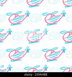 Nahtloses Spielzeugmuster. Hubschrauber. Kinderzeichnungen mit Wachsmalstiften. Druck für Stoffdesign, Textil, Stoff, Tapeten Stock Vektor