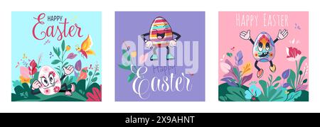Set mit Osterplakat mit Happy Holiday-Persönlichkeit Groovy Ei-Charakter zwischen Frühlingsblume Stock Vektor