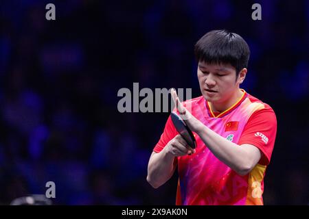 Chongqing. 30. Mai 2024. Fan Zhendong aus China wischt seinen Schläger während des Einzel-Spiels der Männer 32 gegen Lee Sang Su aus Südkorea bei den WTT Champions Chongqing 2024 im südwestchinesischen Chongqing am 30. Mai 2024. Quelle: Huang Wei/Xinhua/Alamy Live News Stockfoto