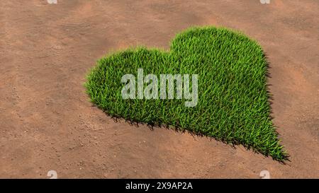 Konzept konzeptuelle grüne Sommer Rasen Gras Symbol Form auf braunem Boden oder Erde Hintergrund, Herz Zeichen. Eine 3d-Illustration Metapher für Liebe, Romantik Stockfoto