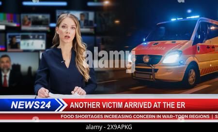 Split Screen Edit Breaking TV News Live Report: Anchorwoman Talks. Ambulanzfoto wird in einem Segment angezeigt. Medicare Health Care Medizinproblem. TV-Programm auf Kabelkanal Konzept. Stockfoto