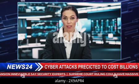 TV Live News Programm: Weibliche Moderatorin berichtet Nachrichten im Fernsehen Kabelkanal Newsroom Studio: Anchorwoman Talks Broadcasting from a Network Television Studio Concept. Stockfoto