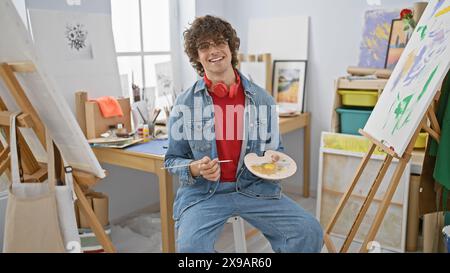 Lächelnder Mann mit lockigen Haaren in Denim-Malerei auf Staffelei in einem hellen Kunststudio. Stockfoto